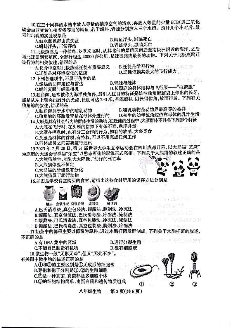 河南省焦作市温县2023-2024学年八年级上学期期中生物试题第2页