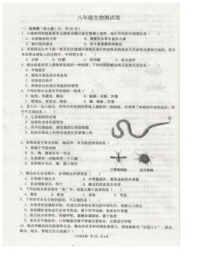 河南省浚县部分校联考2023-2024学年八年级上学期期中考试生物试题01