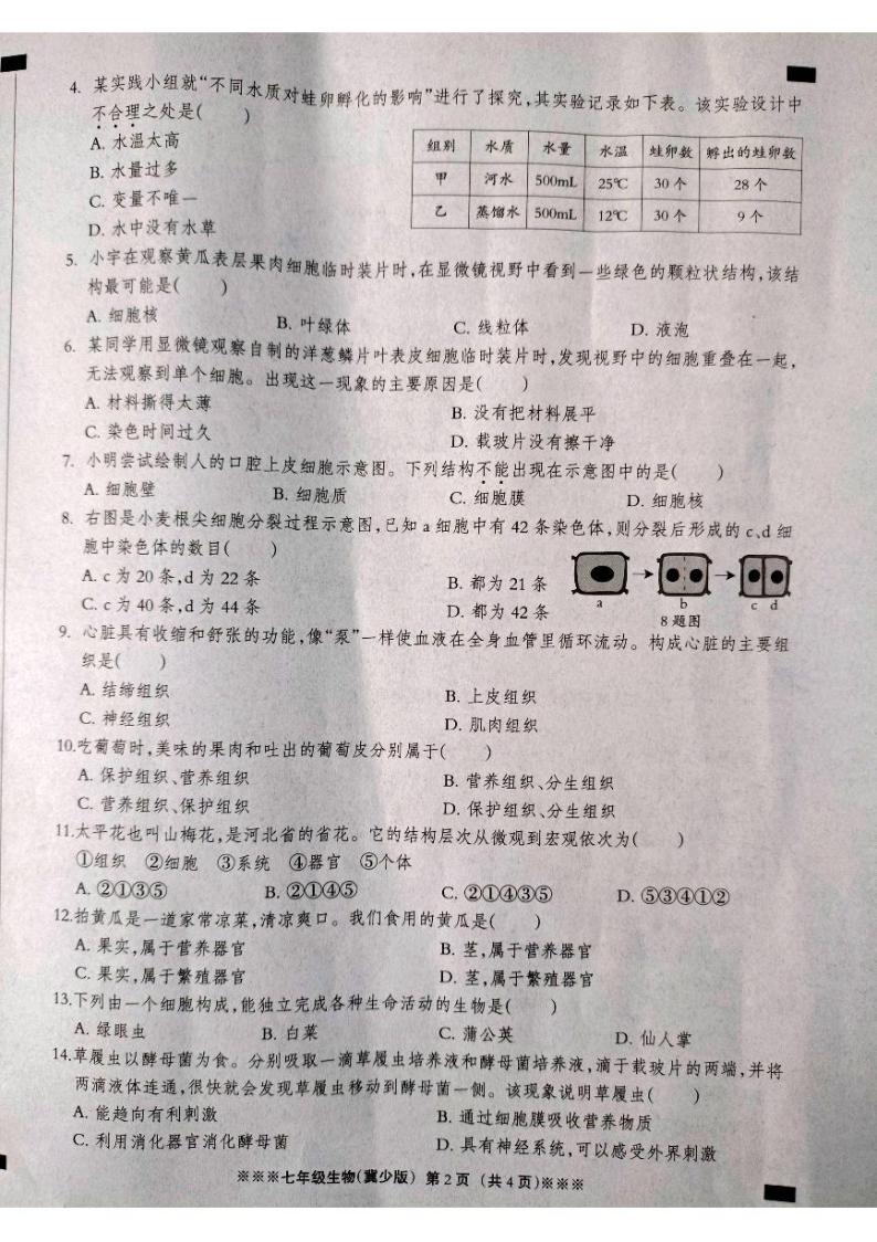 河北省张家口市张北县2023-2024学年七年级上学期第二次学情评估（期中）生物试题02