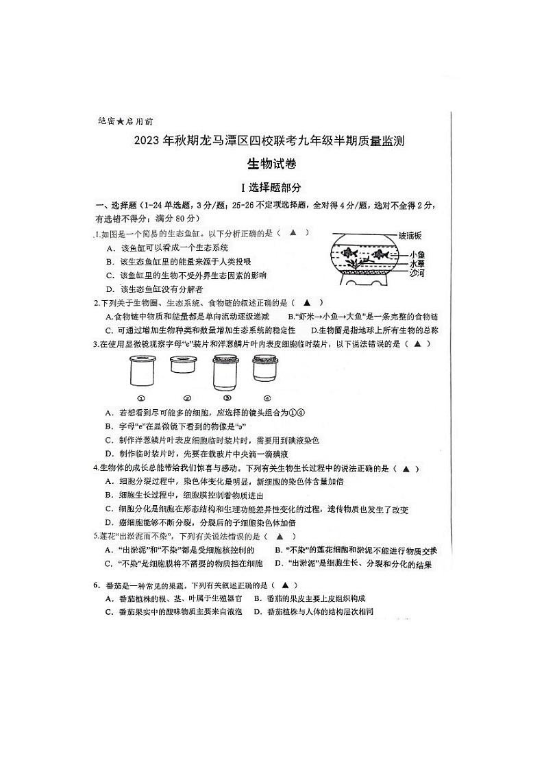 四川省泸州市龙马潭区四校联考2023-2024学年九年级上学期期中生物学试题01
