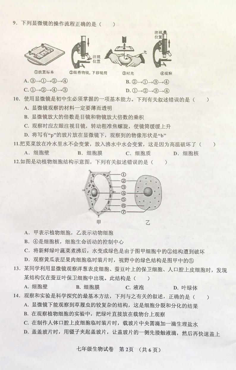 河南省灵宝市2023-2024学年七年级上学期期中学情调研生物测试卷第2页