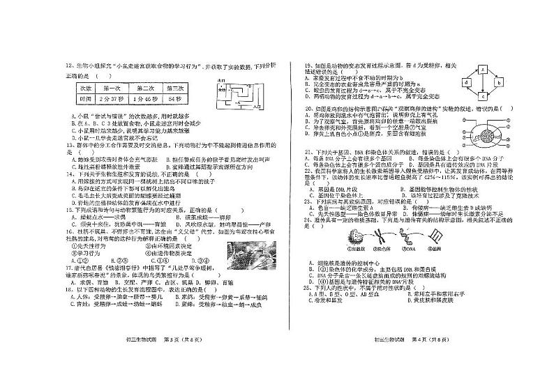山东省济南市钢城区实验学校2023-2024学年八年级上学期期中生物试题02