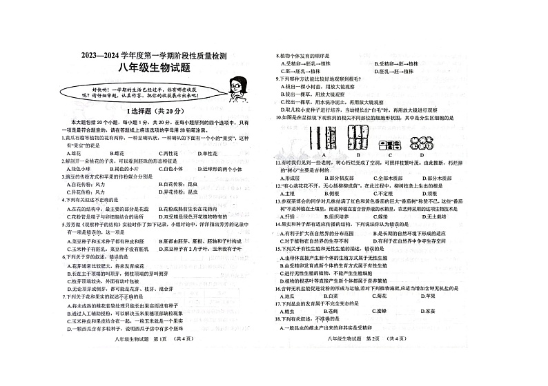山东省菏泽市鄄城县2023-2024学年八年级上学期期中生物试题第1页