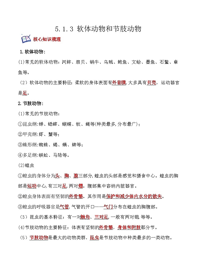 5.1.3软体动物和节肢动物- 八年级生物上册课后培优分级练（人教版）01