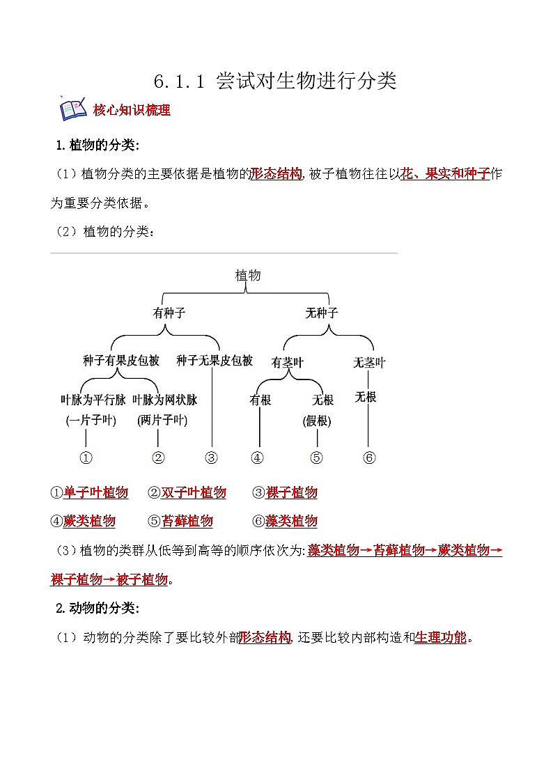 6.1.1尝试对生物进行分类- 八年级生物上册课后培优分级练（人教版）01