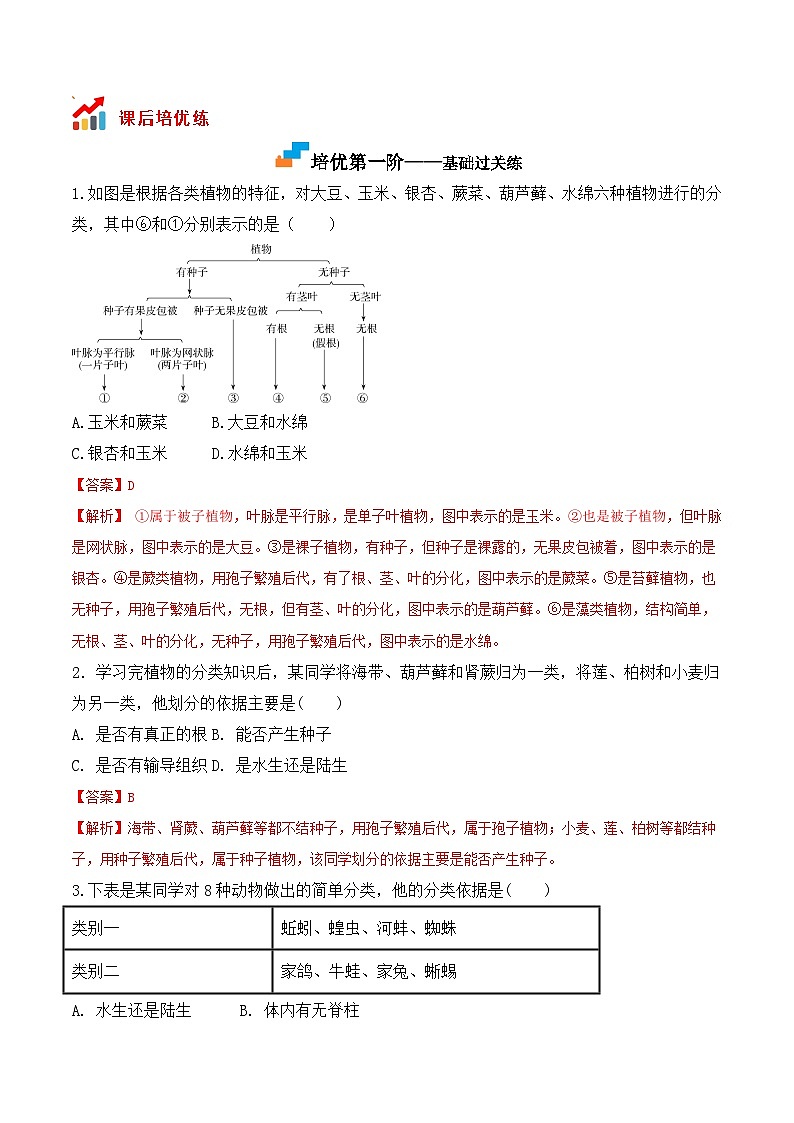 6.1.1尝试对生物进行分类- 八年级生物上册课后培优分级练（人教版）03