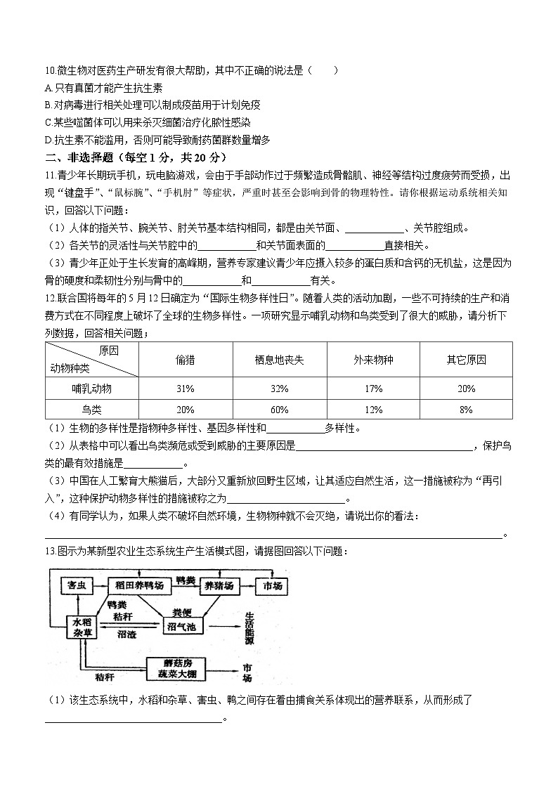 安徽省淮南市谢家集区等3地2023-2024学年八年级上学期期中生物试题02