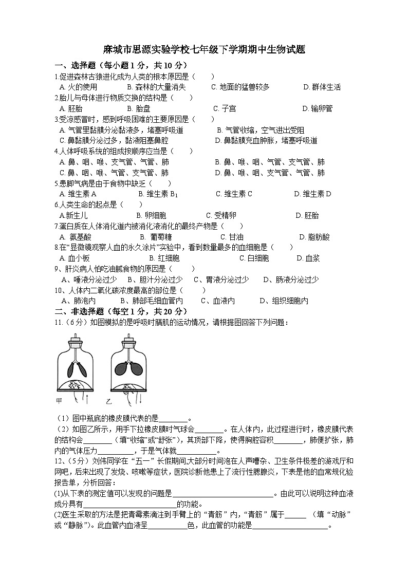 七年级生物下册期中试题及答案第1页