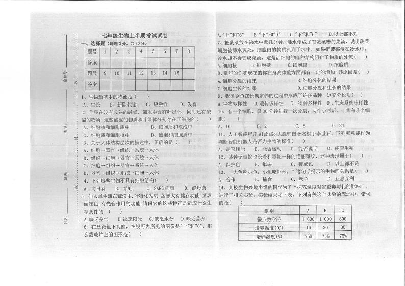 贵州省铜仁市第十一中学2023-2024学年度第一学期期中质量监测七年级生物试卷（北师大版）第1页