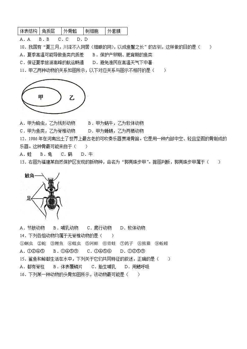 福建省三明市尤溪县2023-2024学年八年级上学期期中检测生物试卷02
