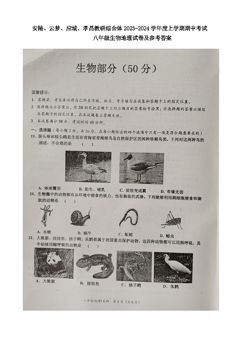 湖北省孝感市（安陆市、云梦县、应城市、孝昌区）教研综合体2023-2024学年八年级上学期期中考试生物试卷01