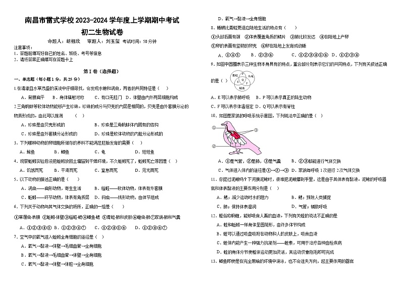 江西省南昌市雷式学校2023-2024学年八年级上学期期中考试生物试卷01