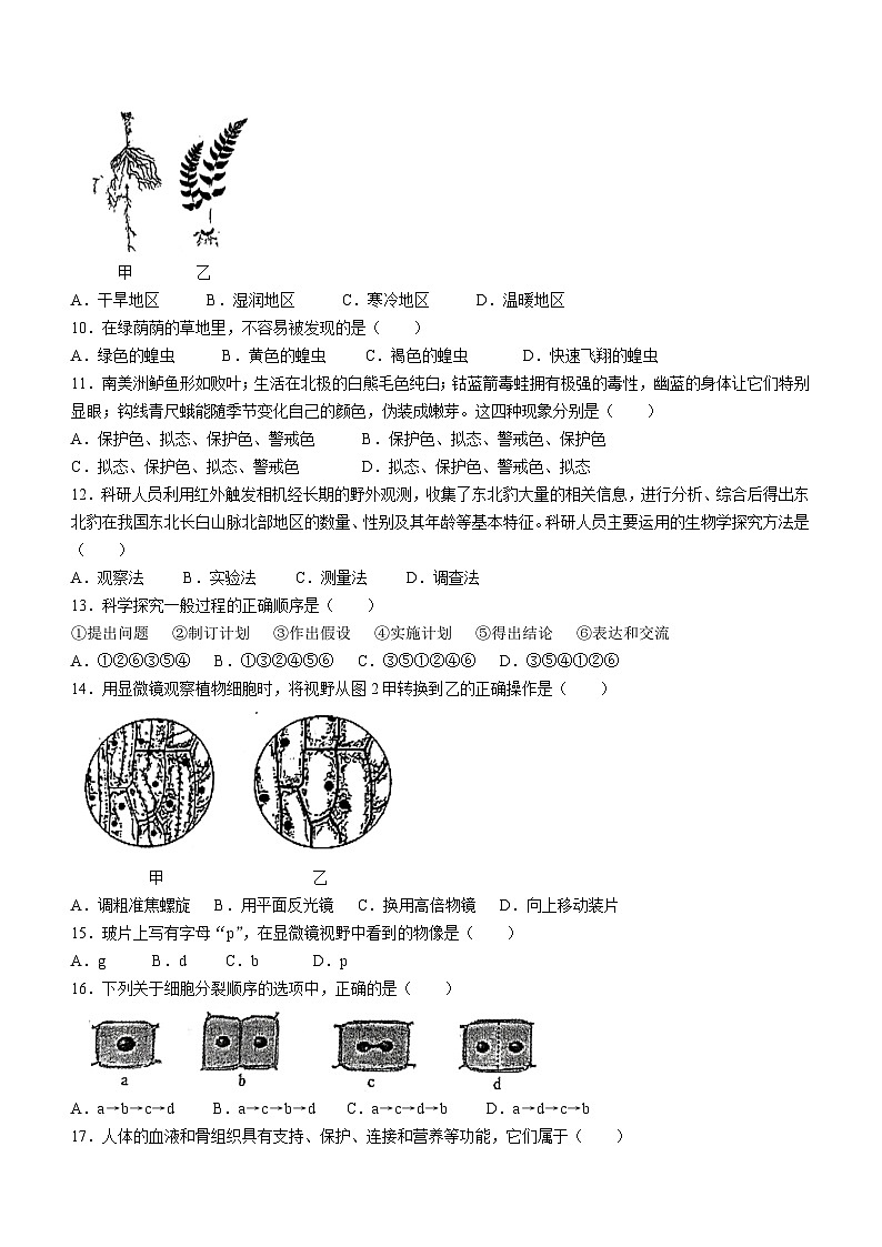 河北省廊坊市安次区2023-2024学年七年级上学期期中生物试题(无答案)02