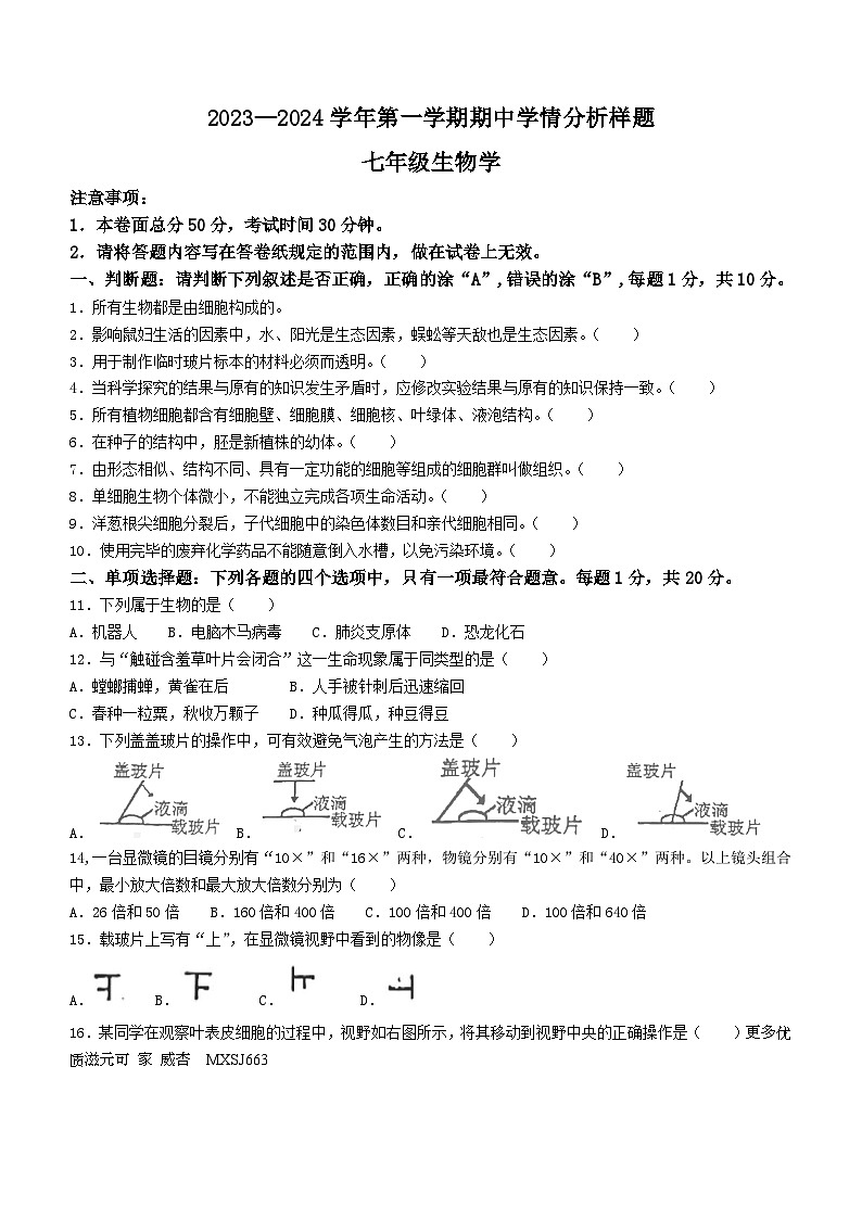 江苏省南京市江宁区联合体2023-2024学年七年级上学期期中生物试卷(无答案)第1页