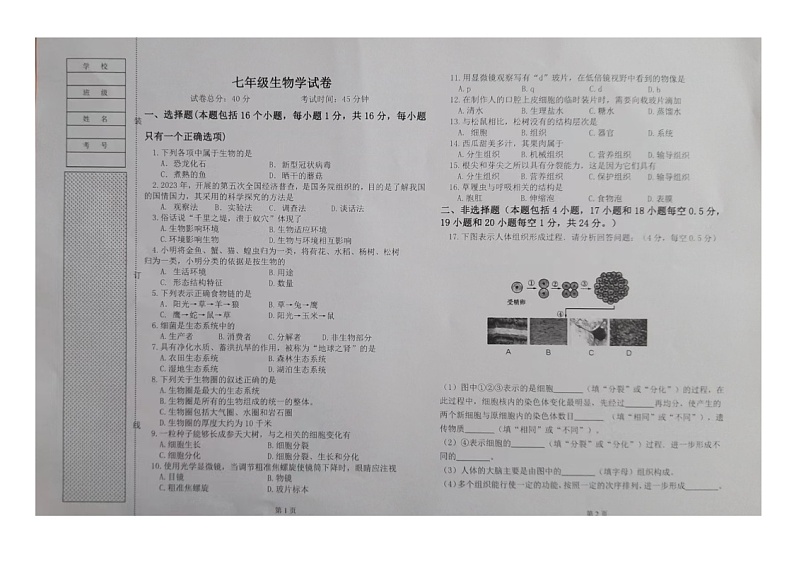 辽宁省阜新市彰武县五校联考2023-2024学年七年级上学期期中生物试题01
