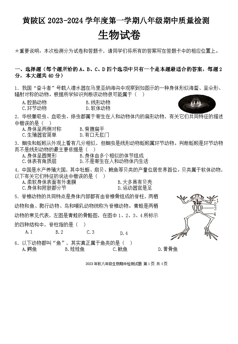 湖北省武汉市黄陂区2023-2024学年八年级上学期期中生物试题（word版含答案）第1页