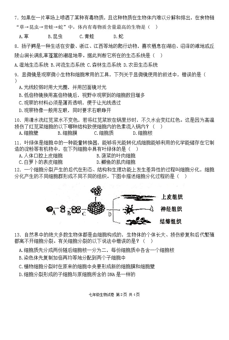 湖北省武汉市黄陂区2023-2024学年七年级上学期期中生物试题（word版含答案）第2页
