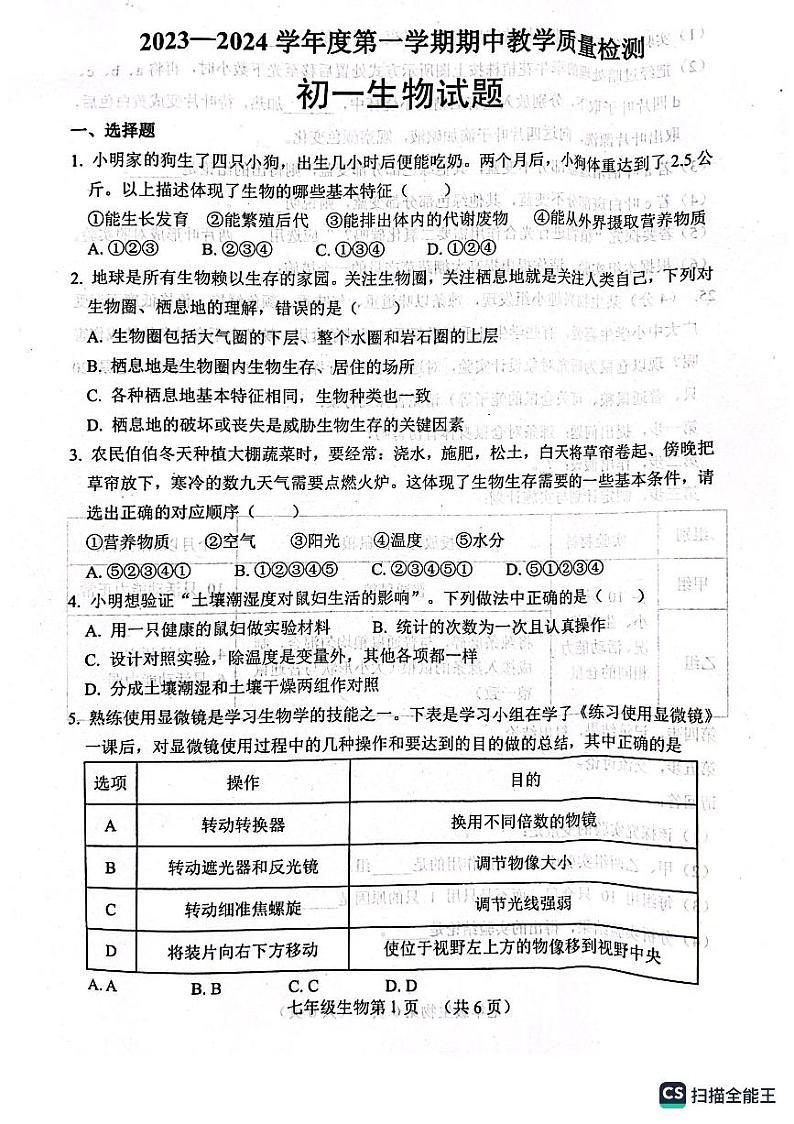 山东省菏泽市郓城县2023-2024学年七年级上学期期中考试生物学试题01