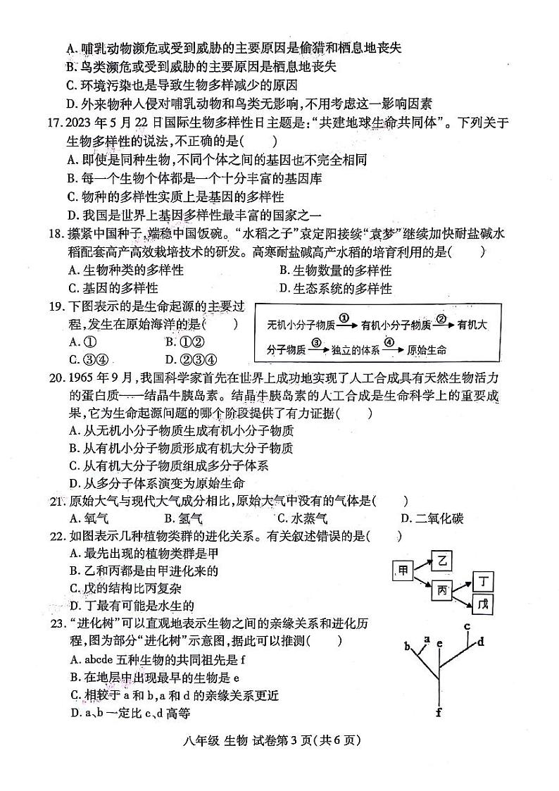2023-2024河南省洛阳市洛龙区八上期中生物试卷及答案03
