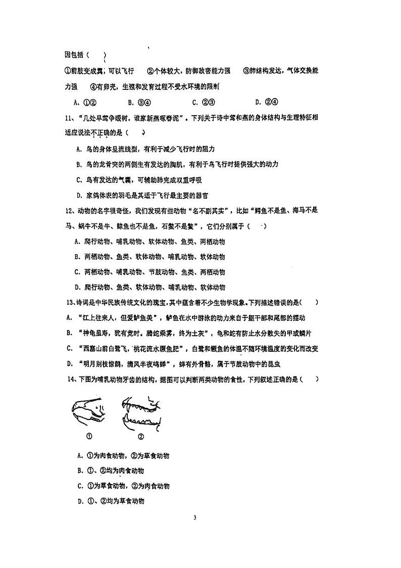 湖南省长沙市长郡双语白石湖实验中学2023-2024学年八年级上学期期中生物学试题第3页