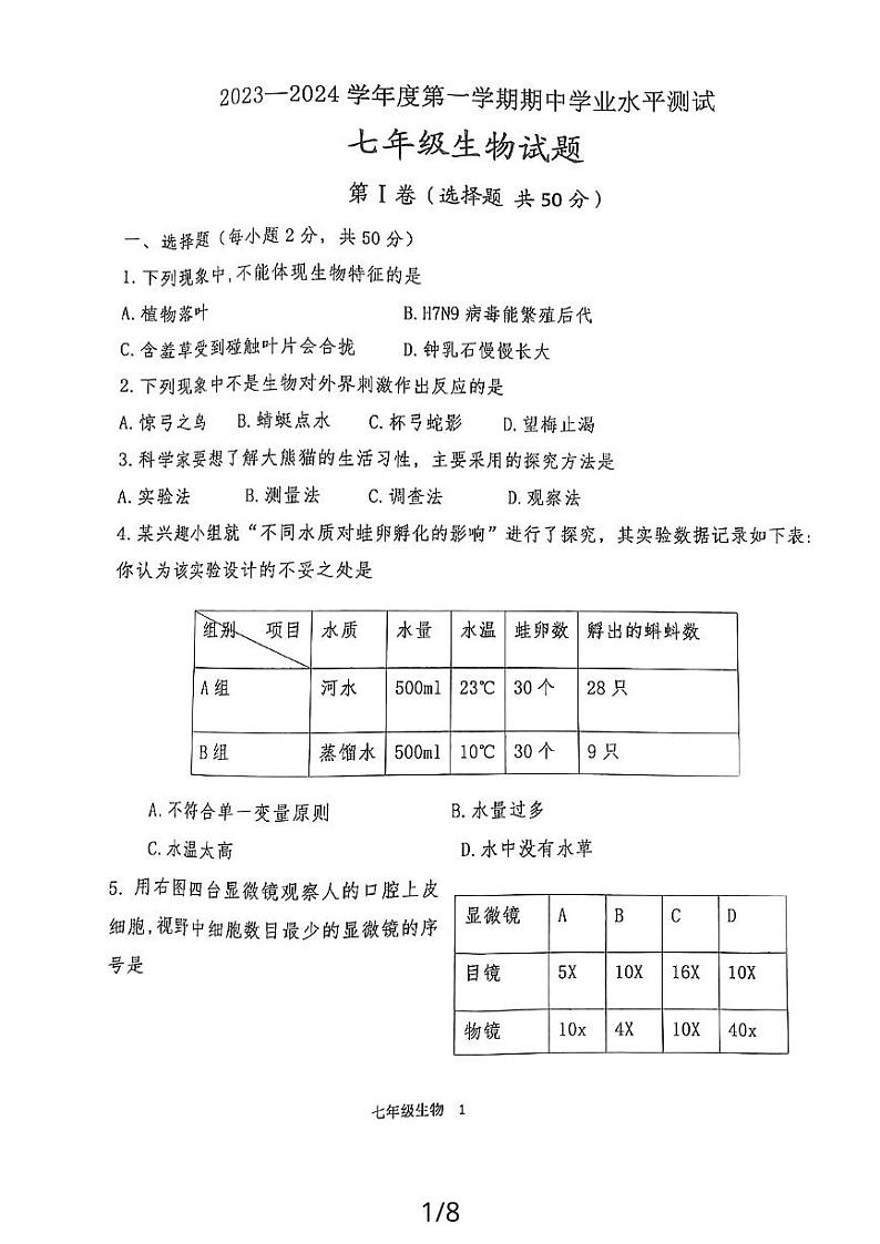 山东省济宁市嘉祥县2023-2024学年七年级上学期期中学业水平测试生物学试题01