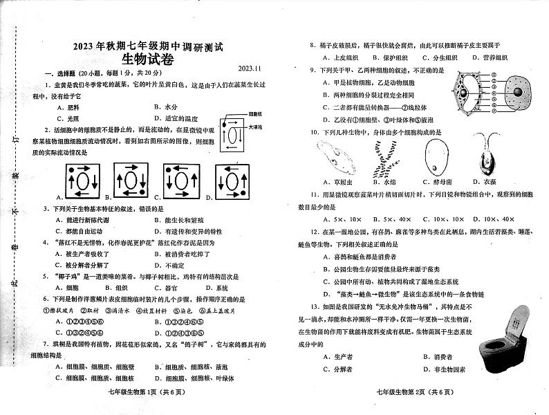 河南省南阳市镇平县2023-2024学年七年级上学期期中生物学试题01