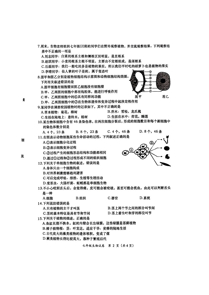 广西百色市田阳区2023-2024学年七年级上学期期中生物试题02