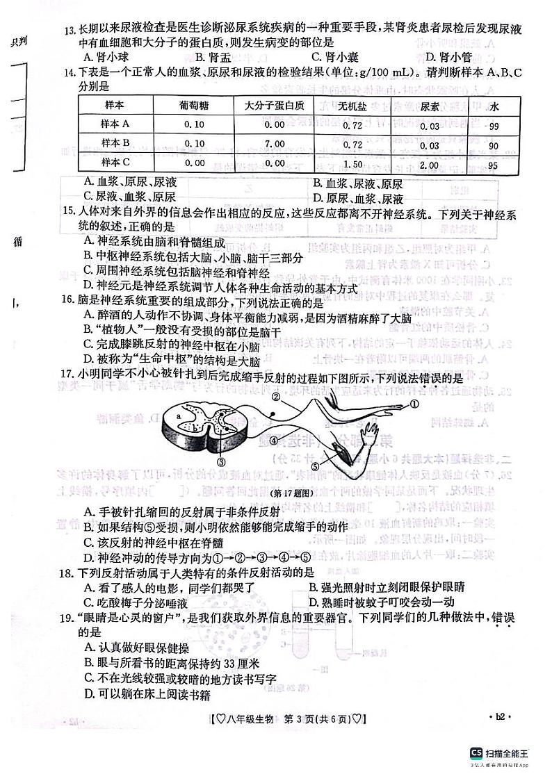 陕西省安康市汉滨初级中学2023-2024学年八年级上学期期中测评生物学试卷第3页