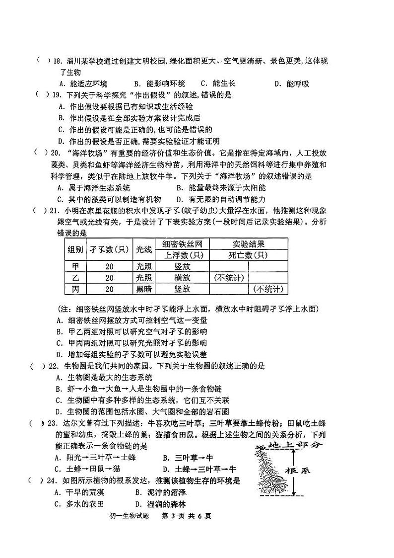山东省淄博市淄川区（五四制）2023-2024学年六年级上学期期中考试生物学试题（无答案）第3页