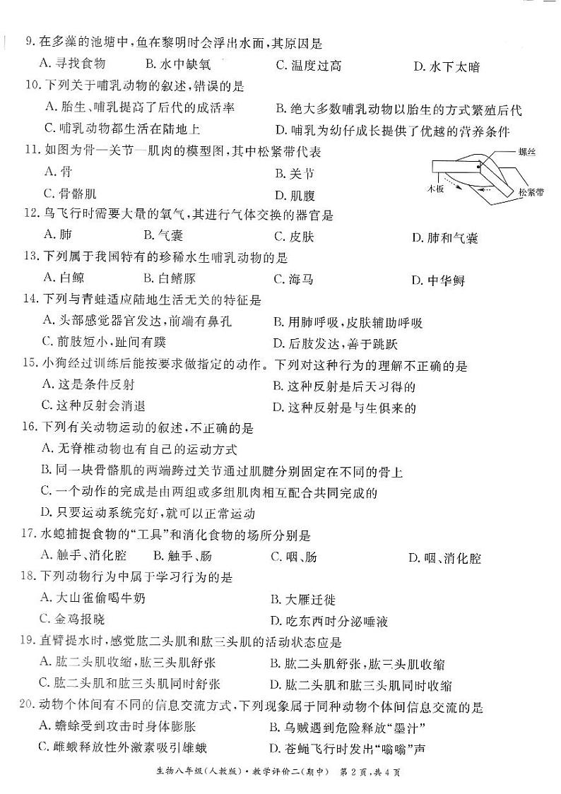 安徽省芜湖市弋江区部分学校八年级2023-2024学年八年级上学期生物期中测试试题02