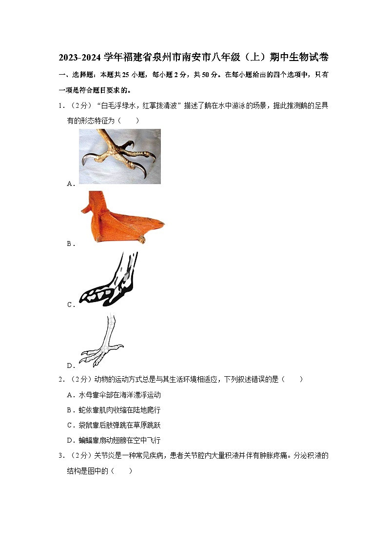 福建省泉州市南安市2023-2024学年八年级上学期期中生物试卷第1页