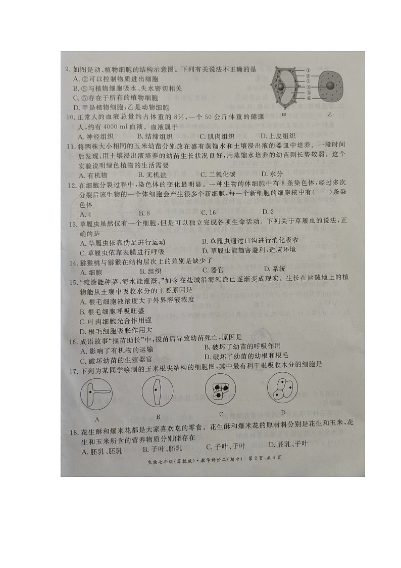 安徽省滁州市明光市2023-2024学年七年级上学期期中生物试题第2页