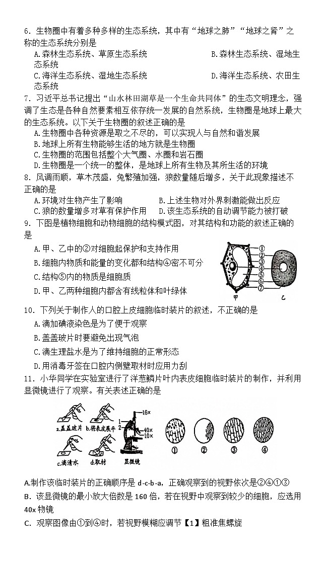 河南省漯河市临颍县2023-2024学年七年级上学期期中生物试卷02