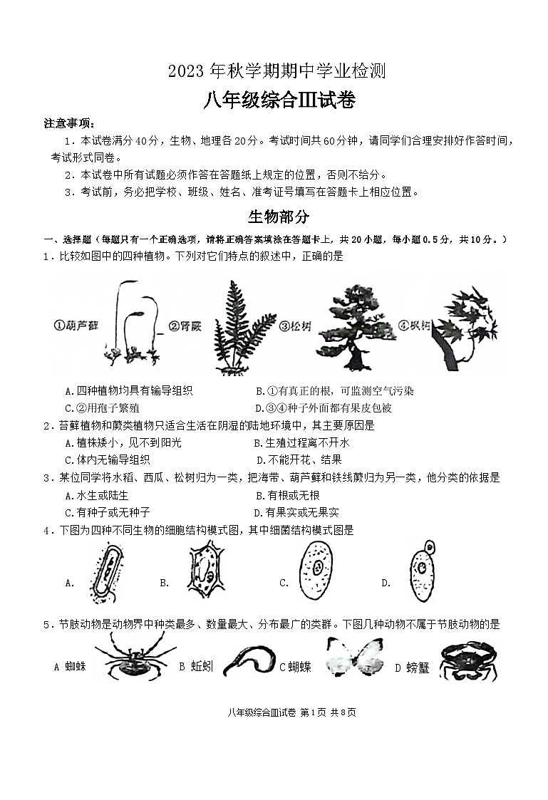 江苏省盐城市大丰区2023-2024学年八年级上学期期中生物试题第1页