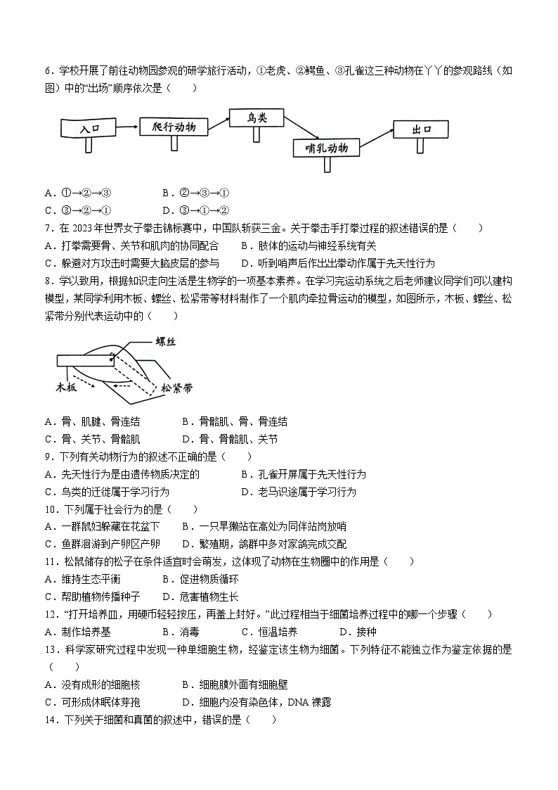 河北省沧州市孟村回族自治县王史中学2023-2024学年八年级上学期期中考试生物试题02
