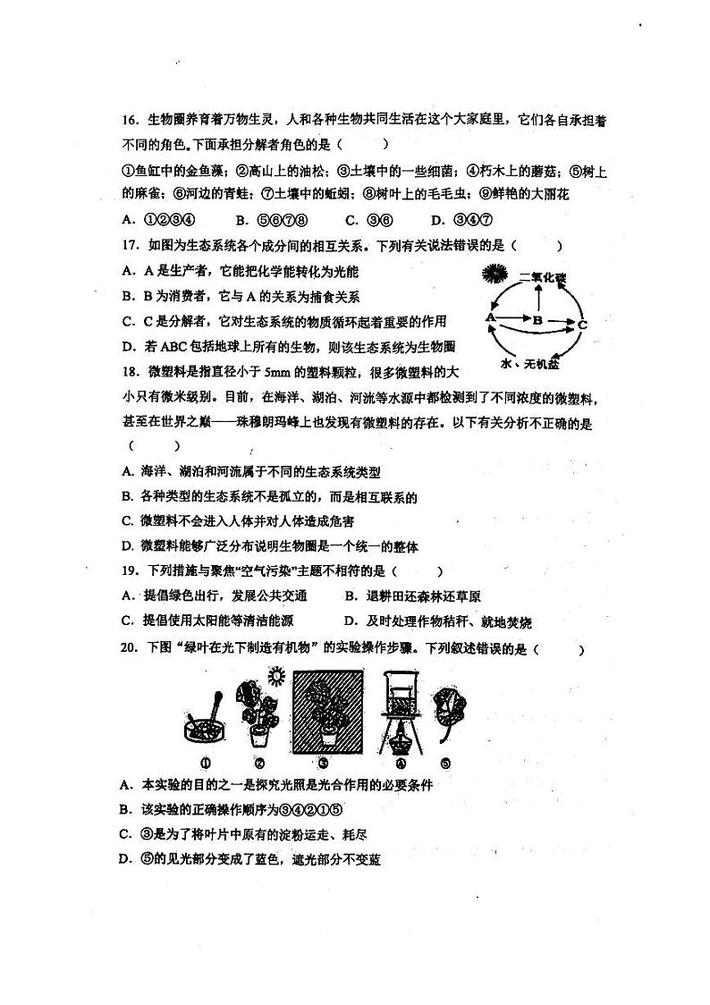 江苏省南通市如东县实验中学2023-2024学年七年级上学期期中考试生物学试卷03