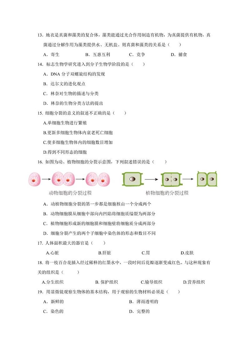 四川省成都市温江区2023-2024学年七年级上学期期中定时训练生物试题第3页