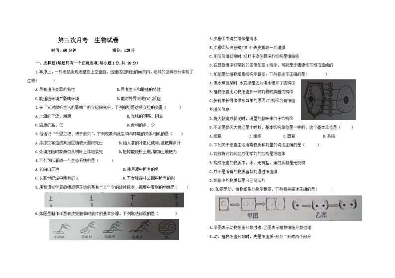 吉林省大安市乐胜乡中学2023-2024学年七年级上学期第三次月考生物试卷01