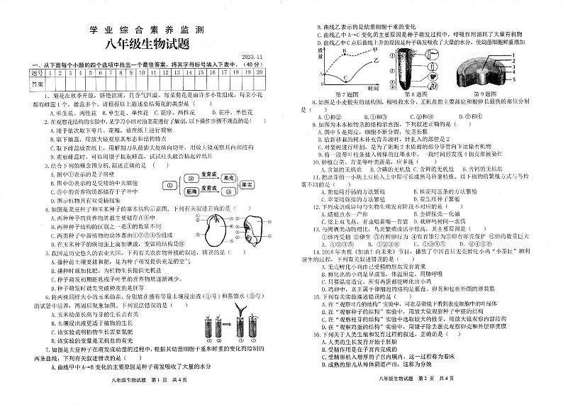 山东省枣庄市薛城区2023-2024学年八年级上学期期中考试生物试题01