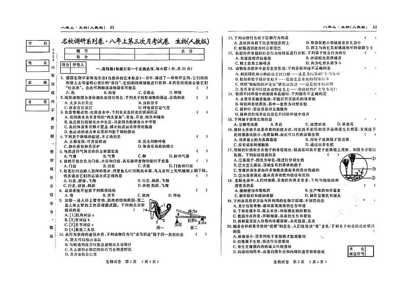 吉林省松原市前郭县农村联考名校调研系列卷2023-2024学年上学期第三次月考八年级生物试卷（图片版，含答案）01