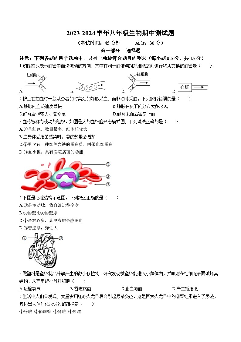 江苏省泰州市靖江市实验学校2023-2024学年八年级上学期期中生物试卷01
