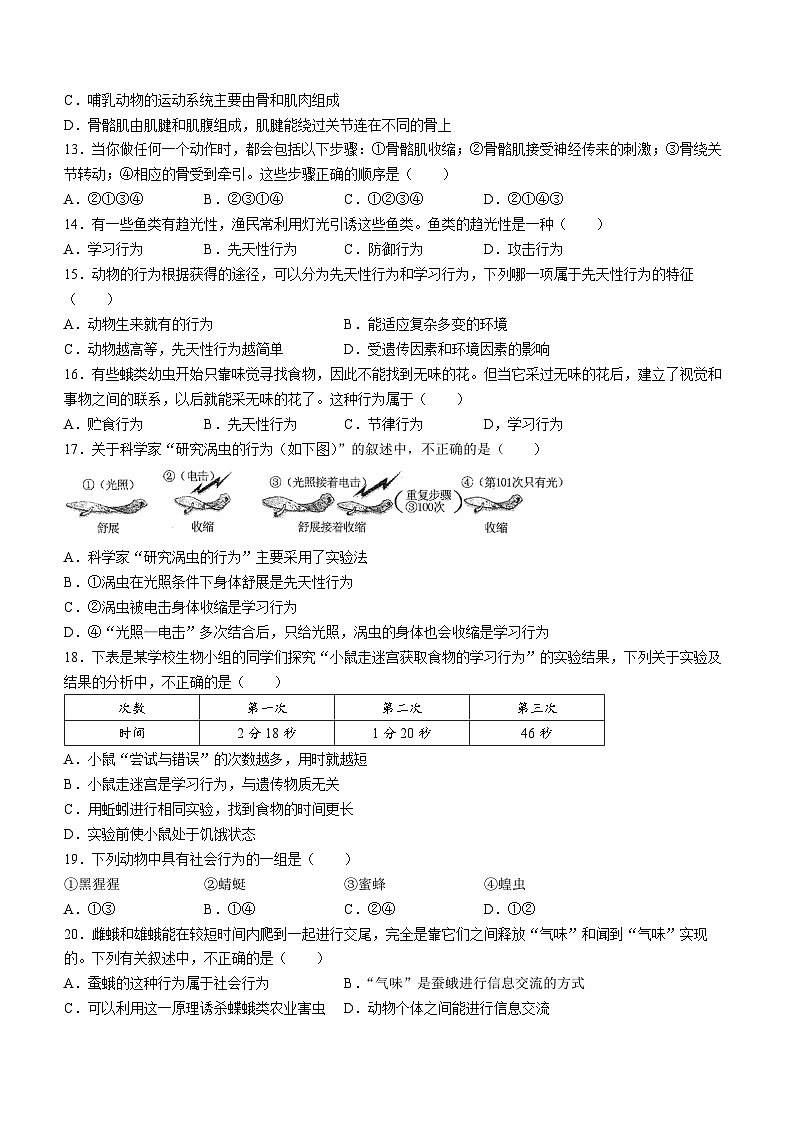 云南省昆明市禄劝县第一中学2023—2024学年八年级上学期期中检测生物试卷03
