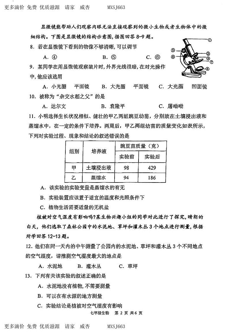 江苏省淮安市淮阴区2023-2024学年七年级上学期期中调研测试生物试卷02