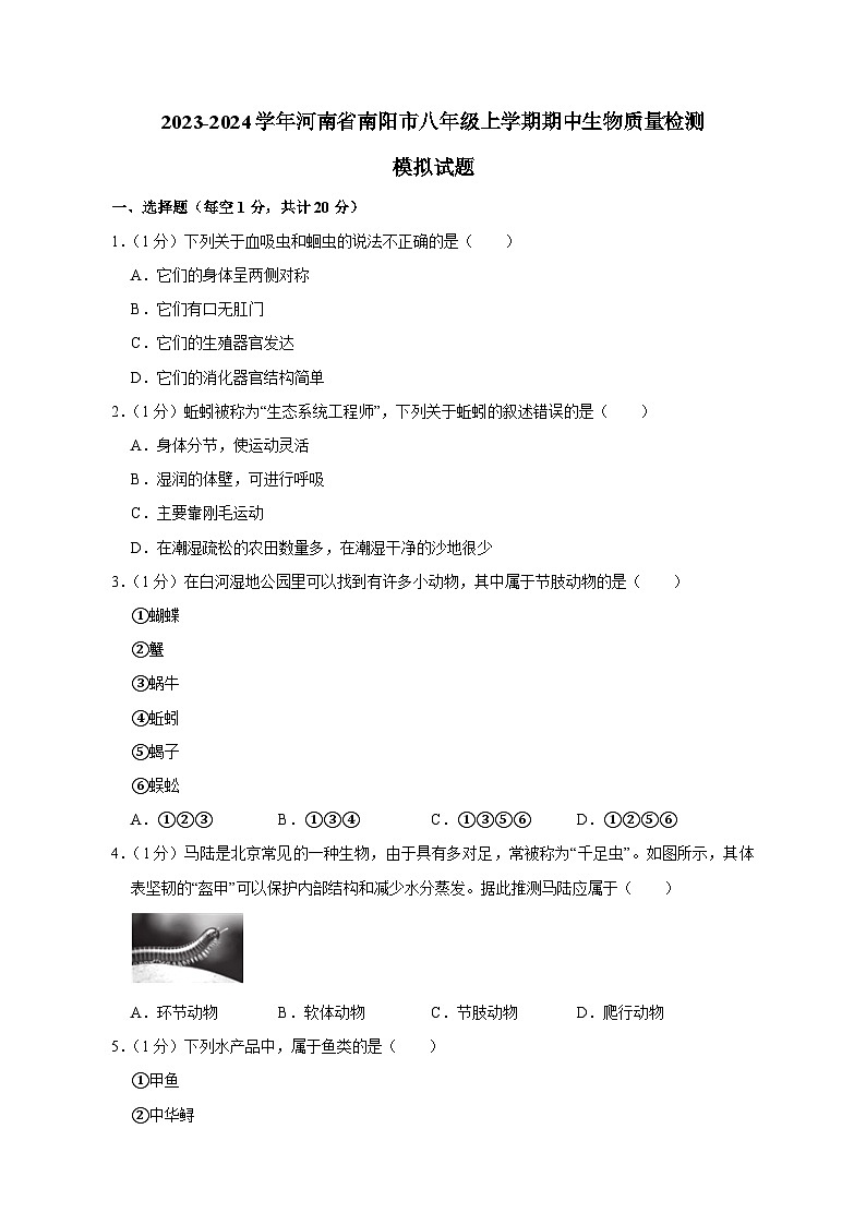 2023-2024学年河南省南阳市八年级上册期中生物学情检测模拟试题（含答案）01