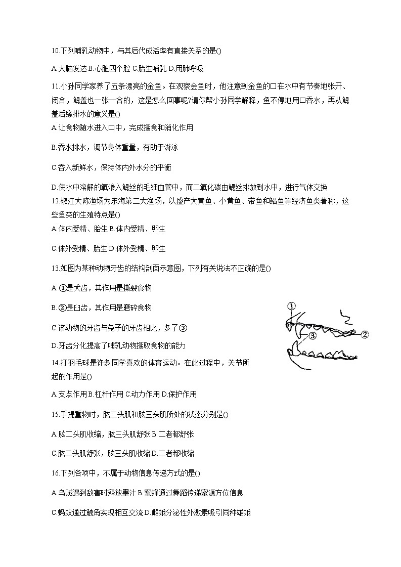 2023-2024学年河南省周口市郸城县八年级上册期中生物学情检测模拟试题（含答案）02