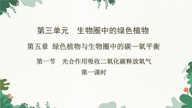 人教版生物七年级上册 第三单元 第五章 绿色植物与生物圈中的碳—氧平衡 第一节 光合作用吸收二氧化碳释放氧气 第一课时课件01