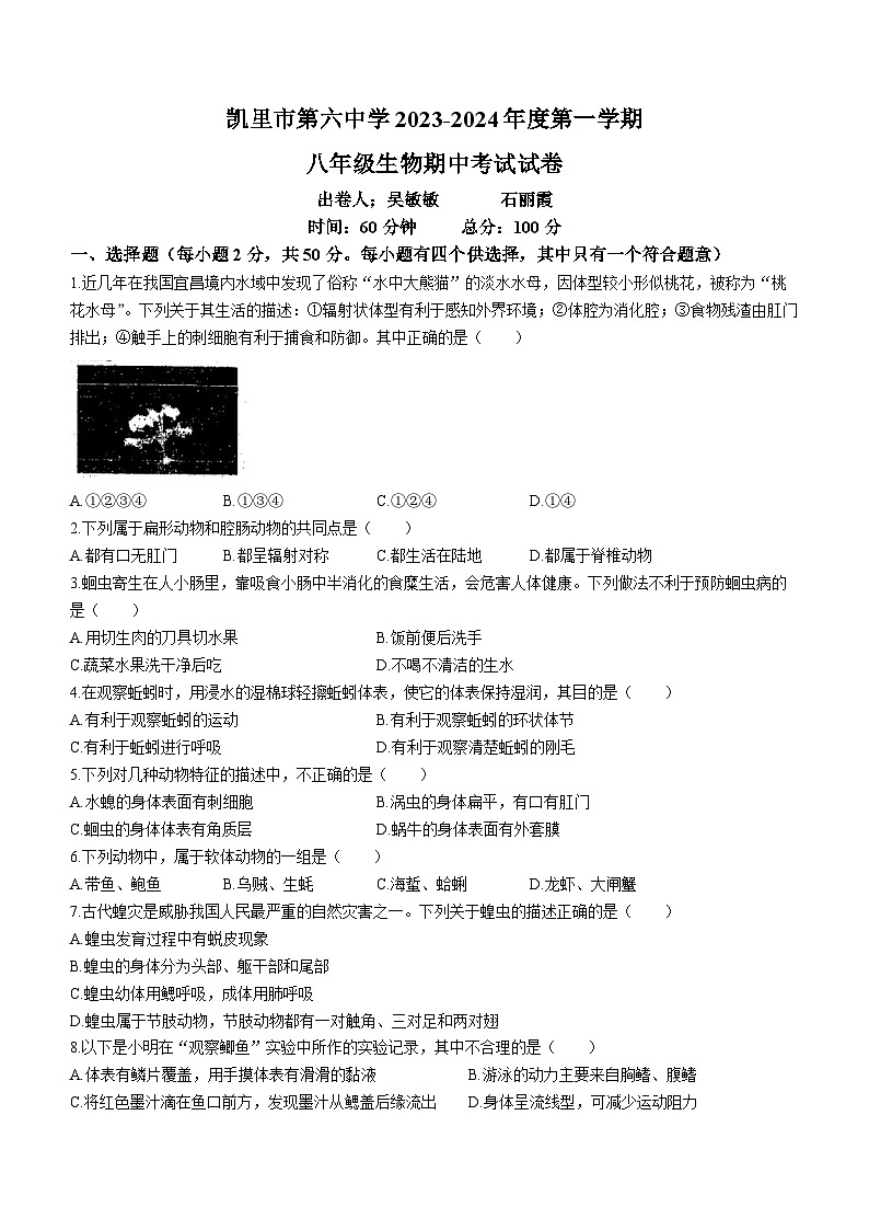 贵州省黔东南苗族侗族自治州凯里市第六中学2023-2024学年八年级上学期期中生物试卷(无答案)01