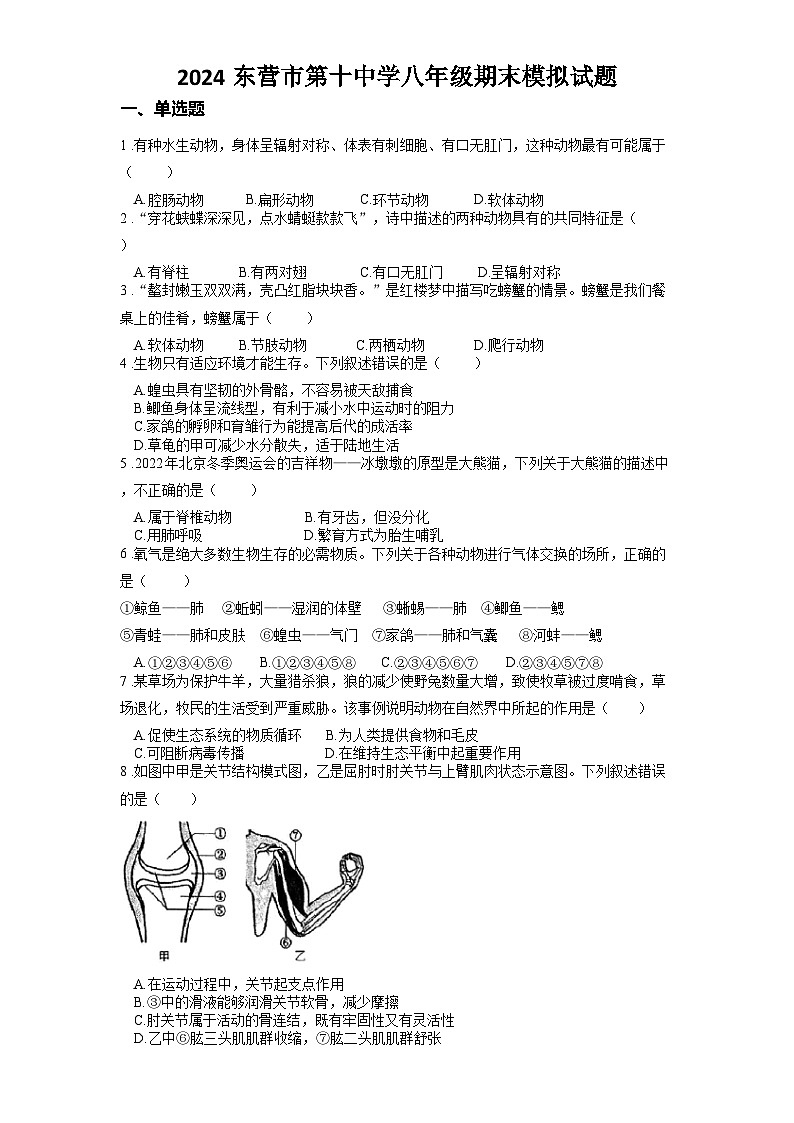 山东省东营市第十中学2023-2024学年八年级上学期期末模拟生物试题第1页