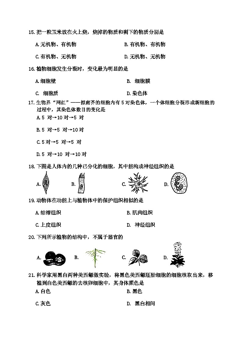 福建省三明市三元区2023-2024学年七年级上学期期中质量检测生物试卷03