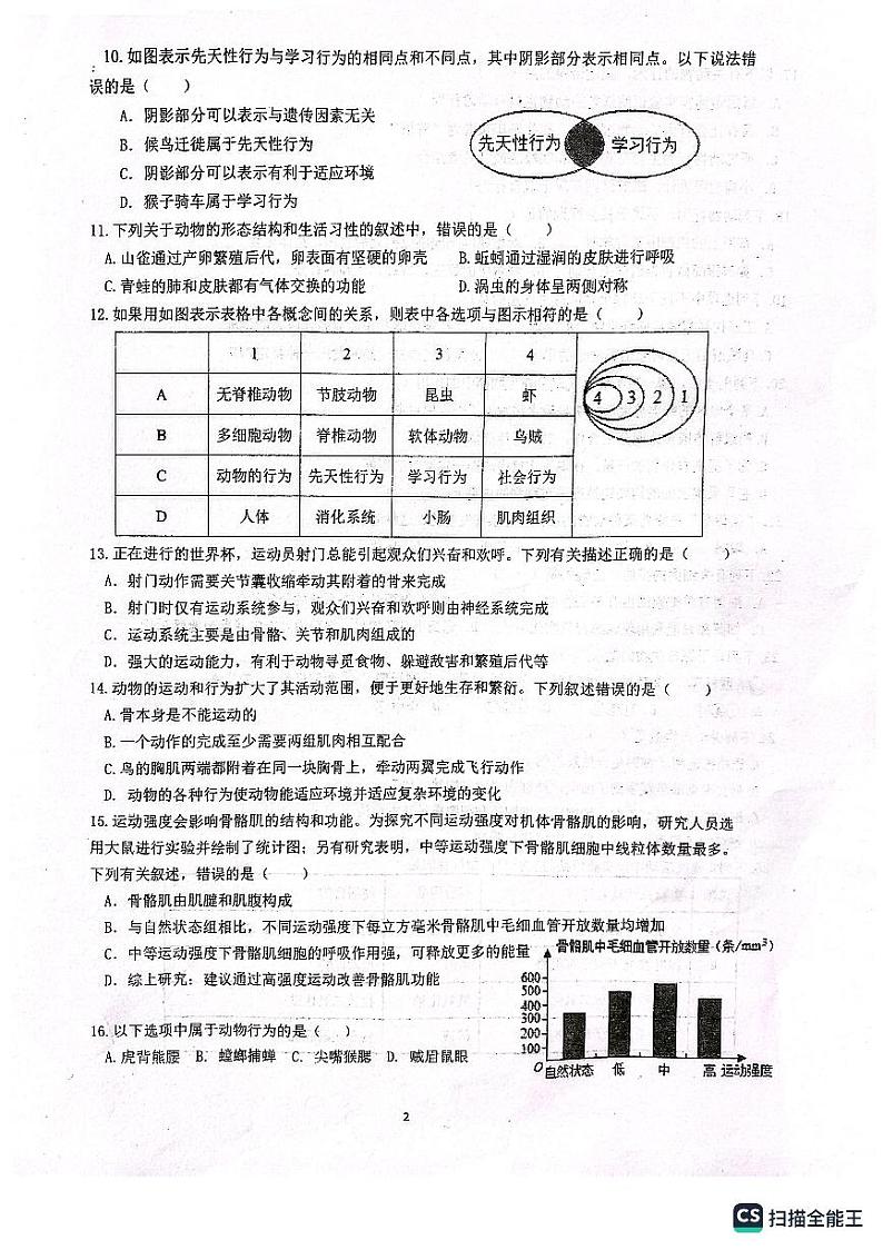 湖南省株洲市建宁实验中学2023-2024学年八年级上学期期中测试生物学试题02